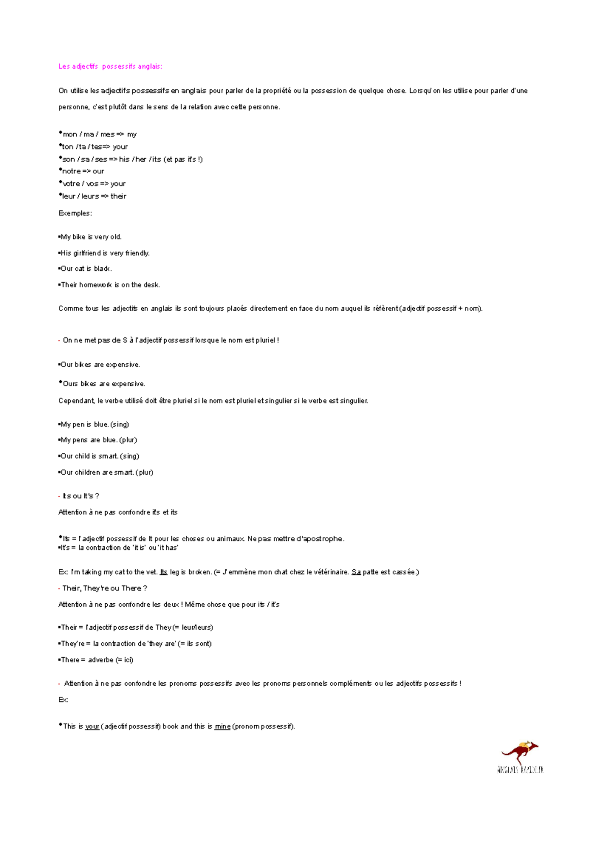 Exercice Anglais Adjectifs Possessifs Et Pronoms Personnels Pdf Adjectifs-possessifs-anglais - Les adjectifs possessifs anglais: On utilise  les adjectifs possessifs - Studocu