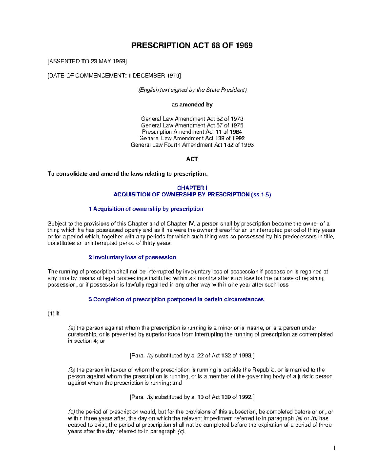 South African Prescription Act 68 of 1969 PRESCRIPTION ACT 68 OF 1969