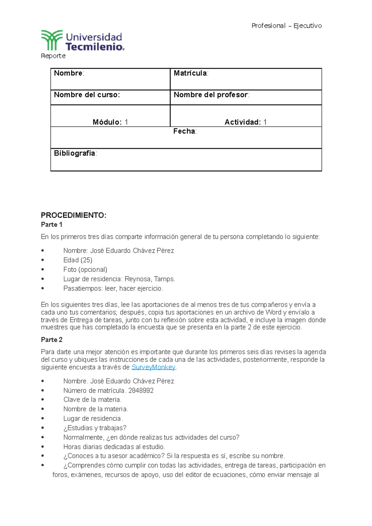 Actividad 1 - Profesional – Ejecutivo Reporte Nombre : Matrícula ...