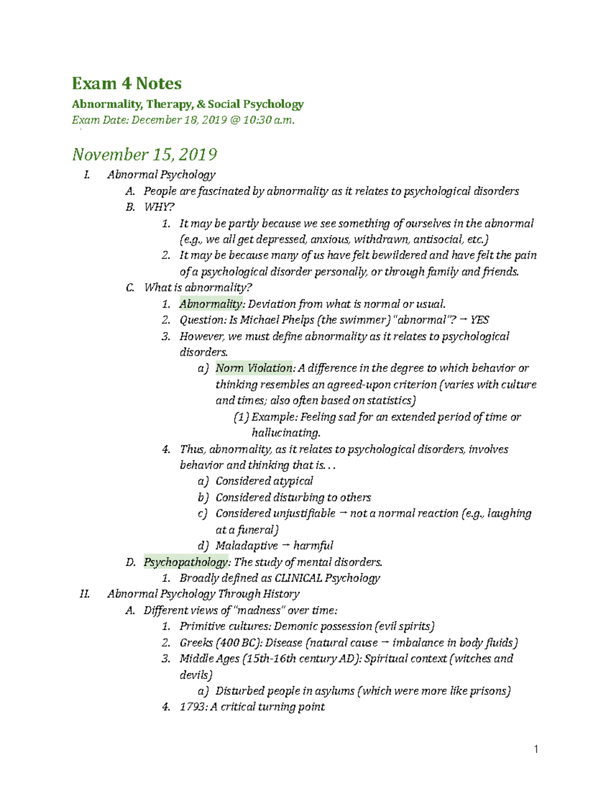 Exam 4 Notes - Abnormality, Therapy, & Social Psychology - Exam 4 Notes ...