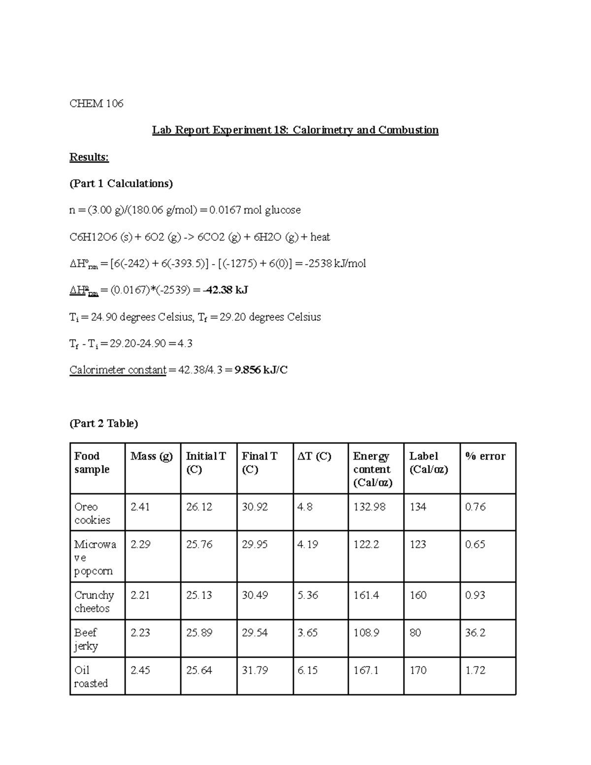 Lab Report Coffee Cup CHEM 106 Lab Report Experiment 18 Calorimetry