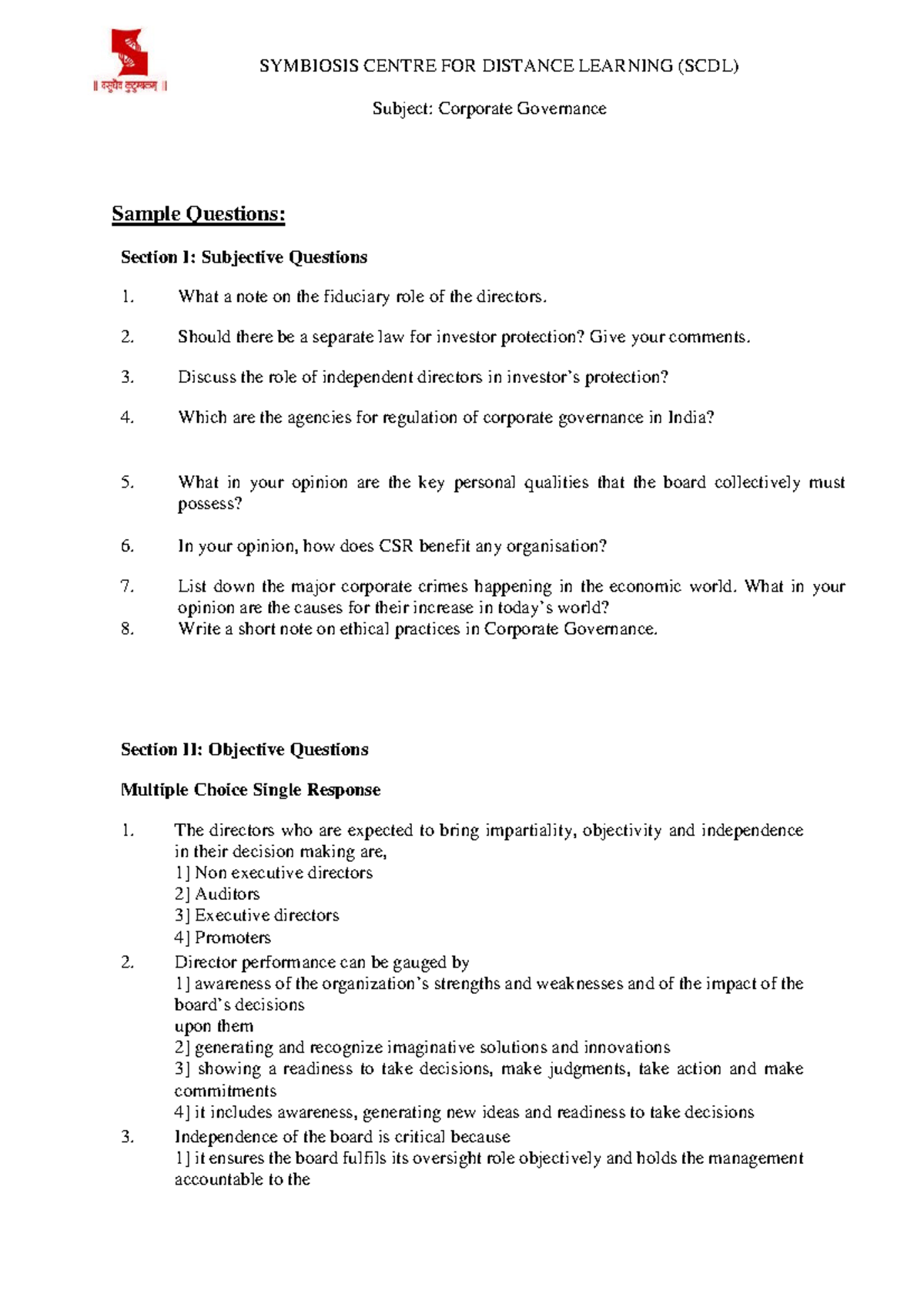 Corporate Governance - Subject: Corporate Governance Sample Questions ...