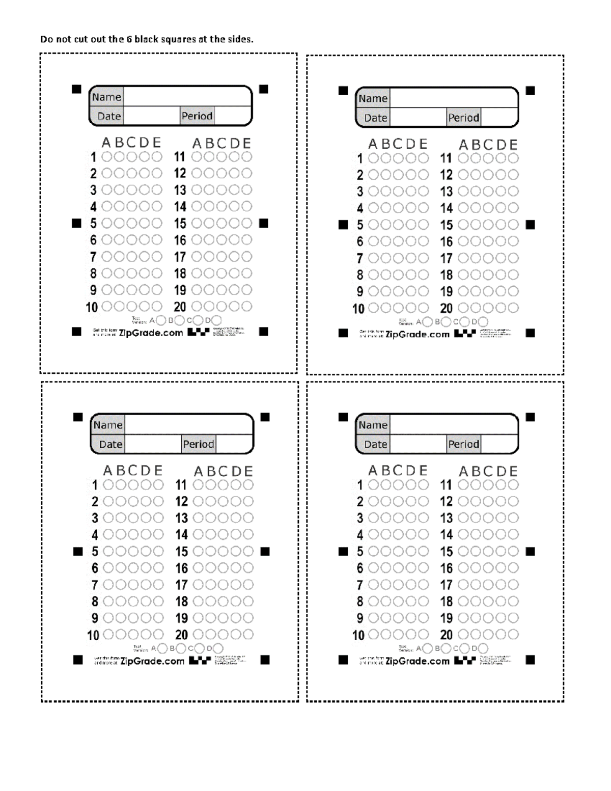 Zip Grade - TEMPLATE - Do not cut out the 6 black squares at the sides ...