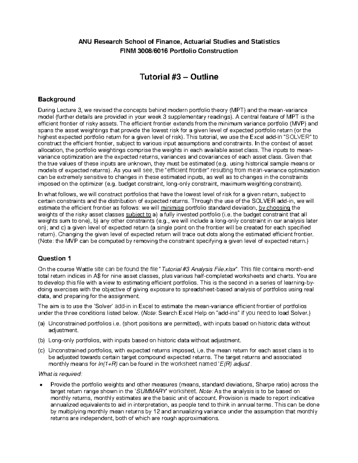 Tutorial #3 Outline - summary solution - ANU Research School of Finance ...