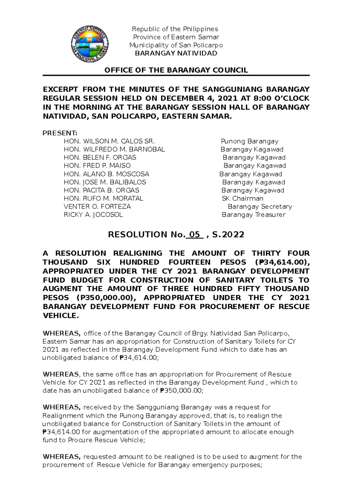 Barangay Resolution - For school project purposes only - Republic of ...