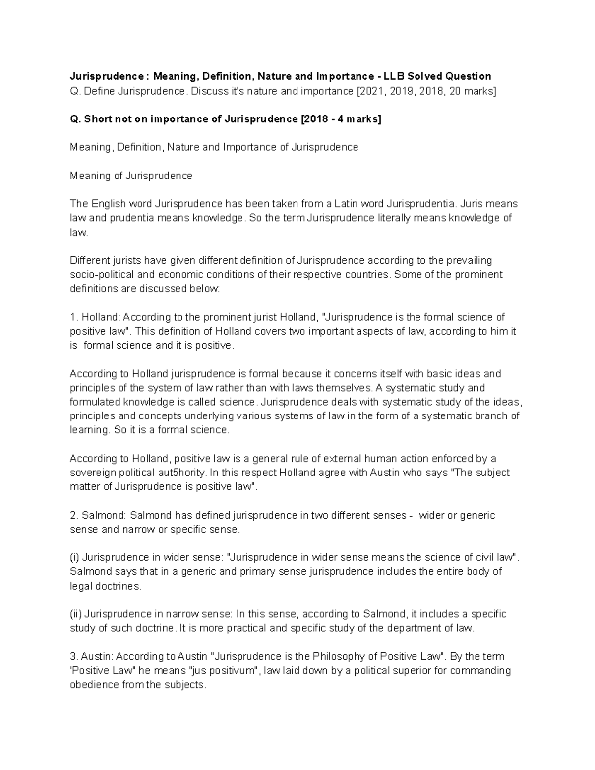 CCS20LLB20SEM201 Jurisprudence Meaning, Definition, Nature and Importance LLB Solved