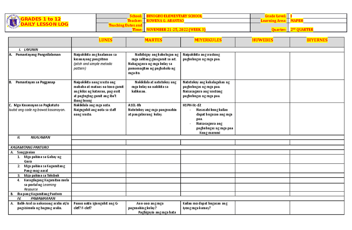 Dll Mapeh 1 Q2 W3 Daily Lesson Log For Grade 1 Grades 1 To 12 Daily