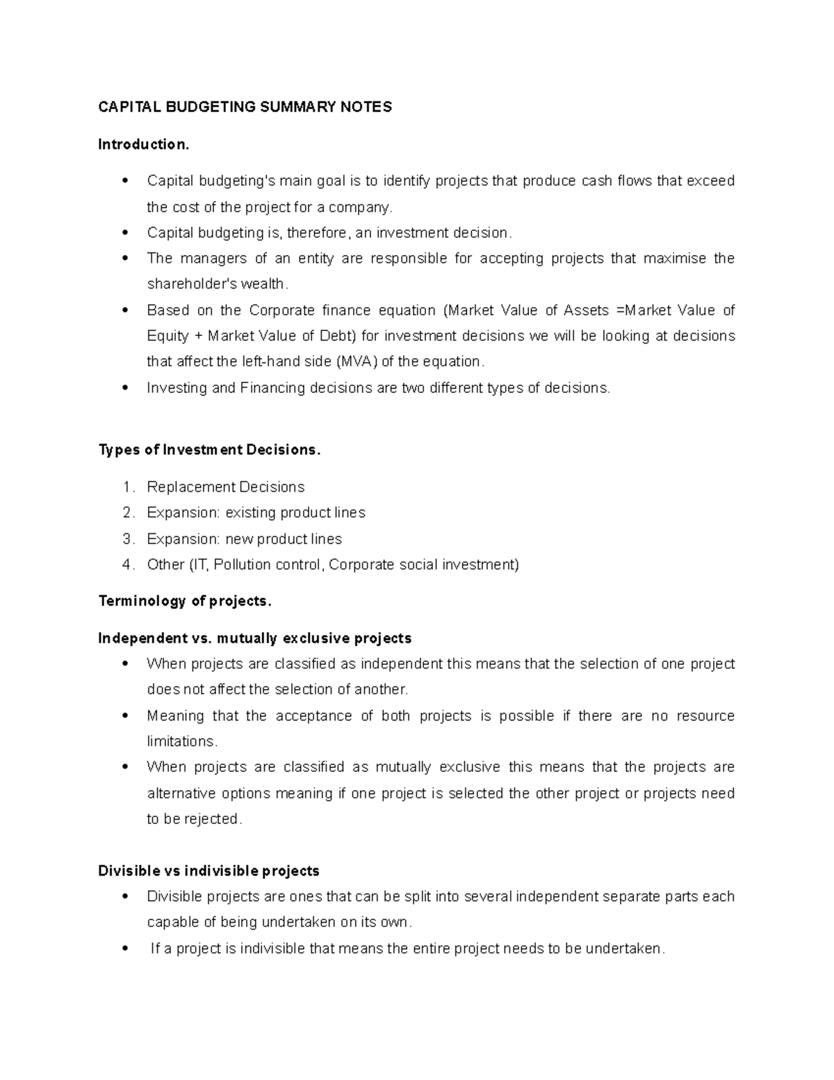 Capital Budgeting Summary Notes - CAPITAL BUDGETING SUMMARY NOTES ...