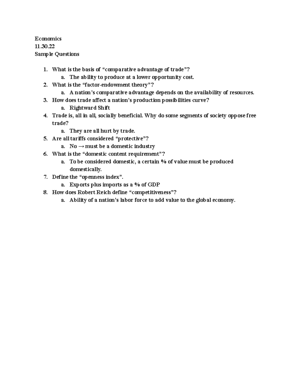 Economics Sample Questions - Economics 11. Sample Questions What is the ...