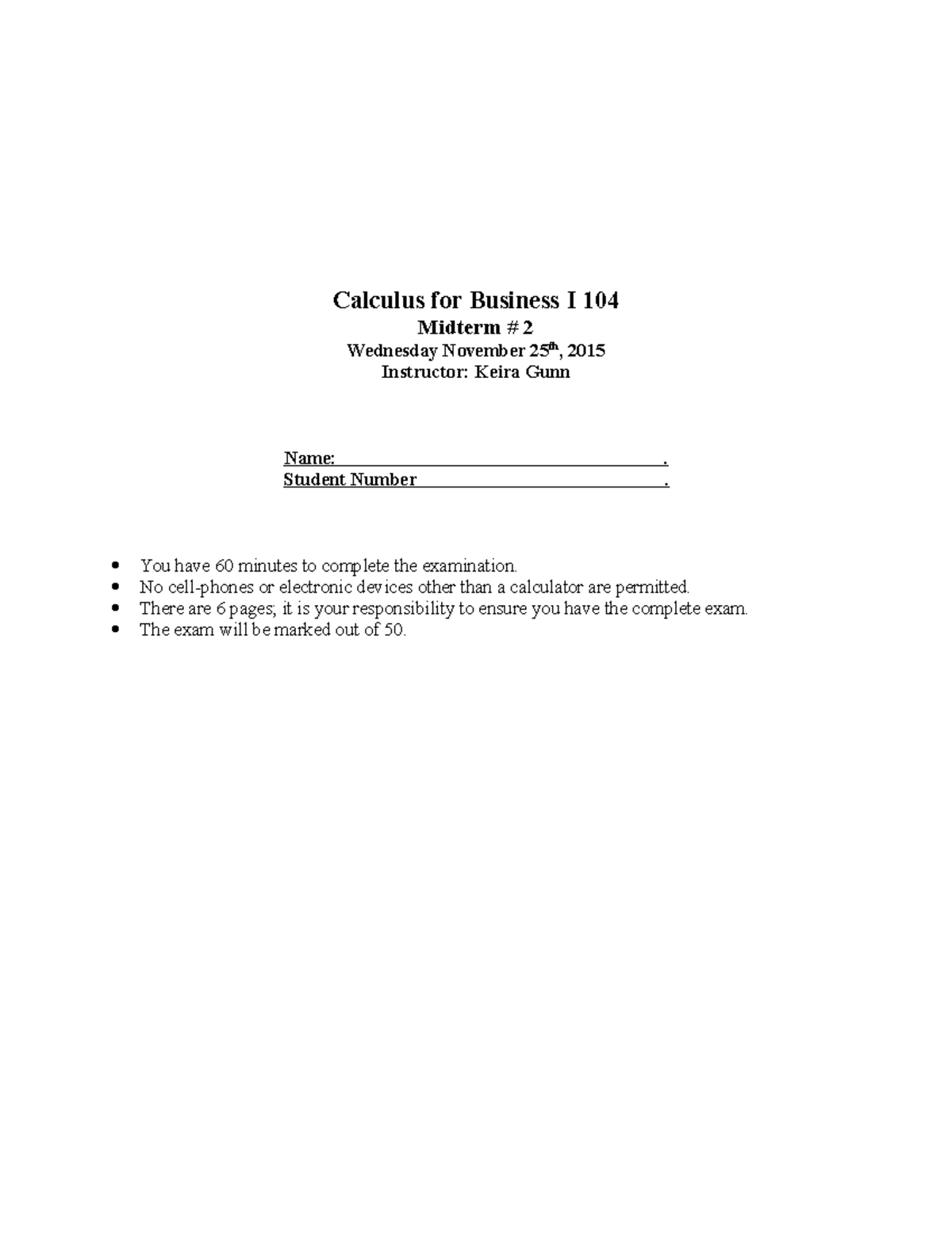 104 M2a fall2015 - test - Calculus for Business I 104 Midterm # 2 ...