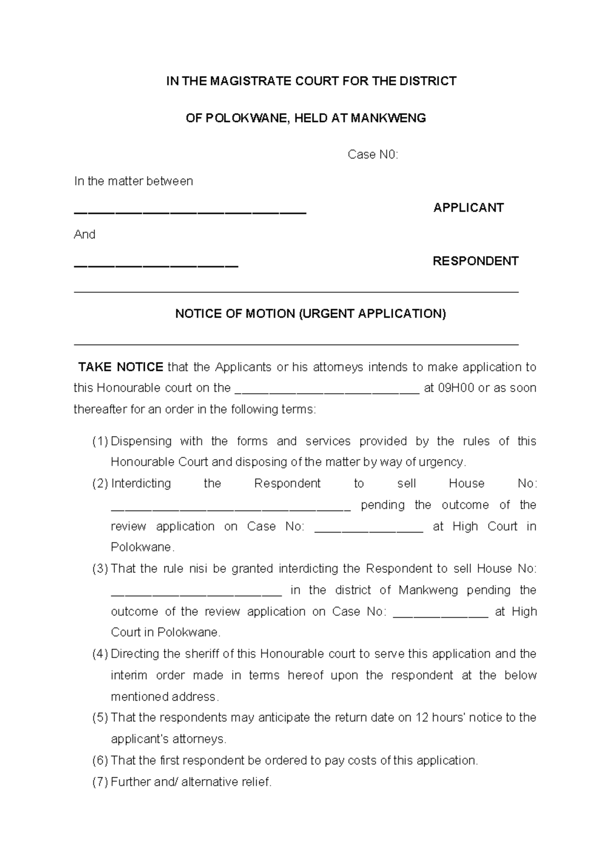 Urgent Application Magistrate Court - IN THE MAGISTRATE COURT FOR THE ...