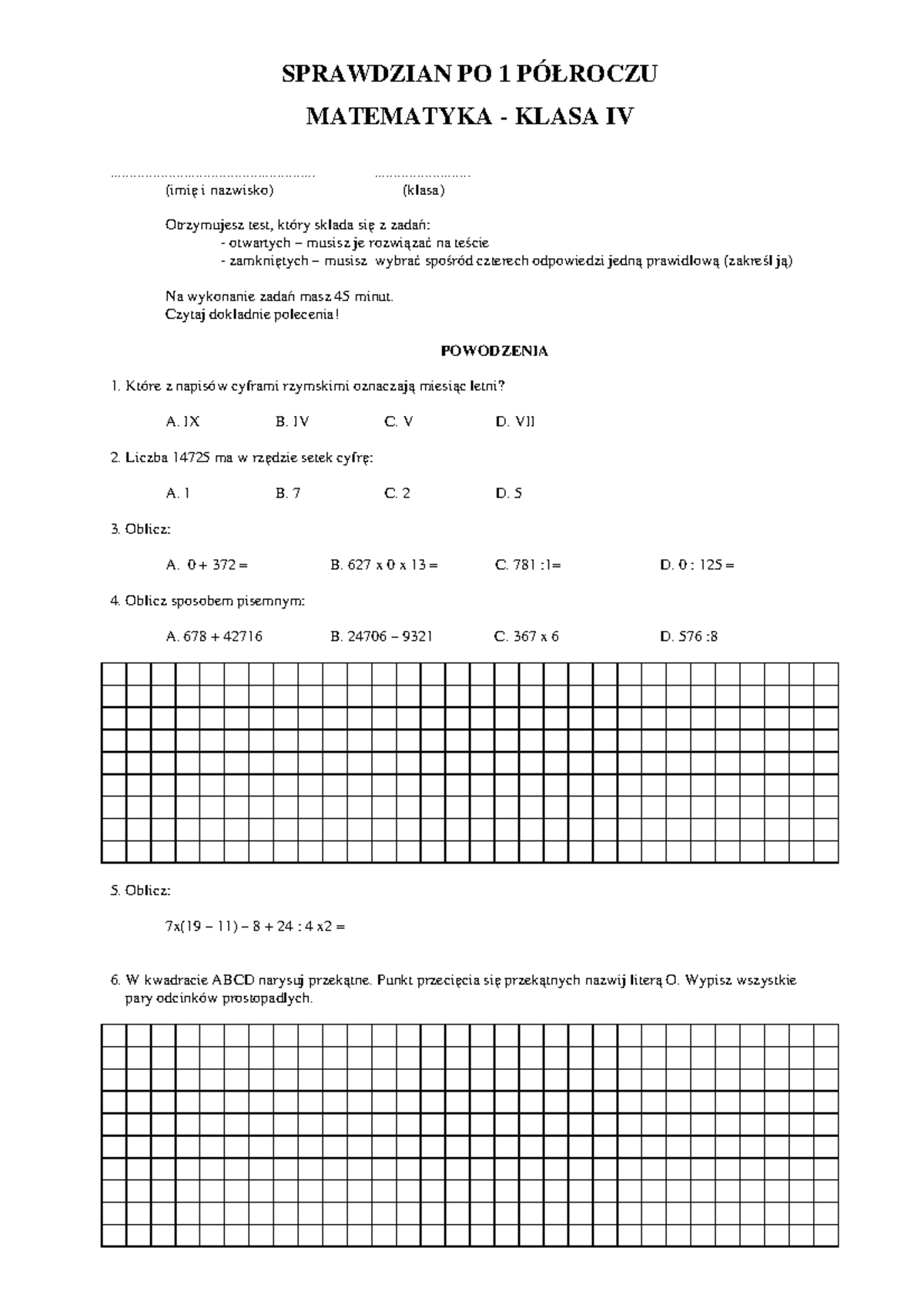 Pd4 e dulat 040525 - Opis - SPRAWDZIAN PO 1 PÓŁROCZU MATEMATYKA - KLASA