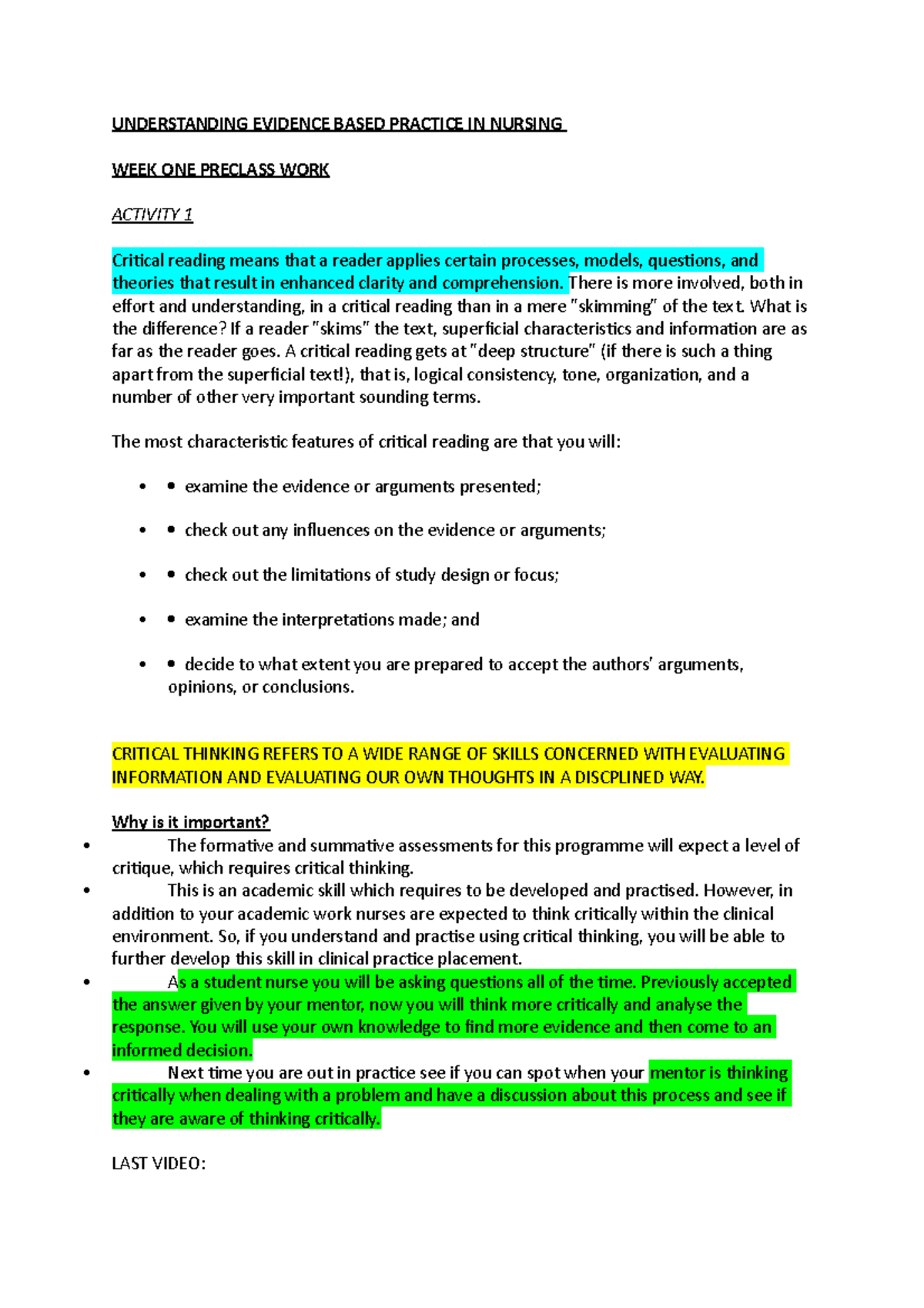 WEEK 1 Understanding Evidence Based Practice IN Nursing - UNDERSTANDING ...