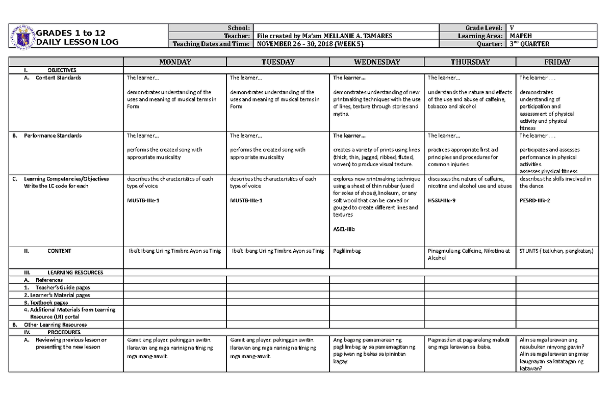 DLL Quarter 3 Week 5 Mapeh 5 - GRADES 1 to 12 DAILY LESSON LOG School ...