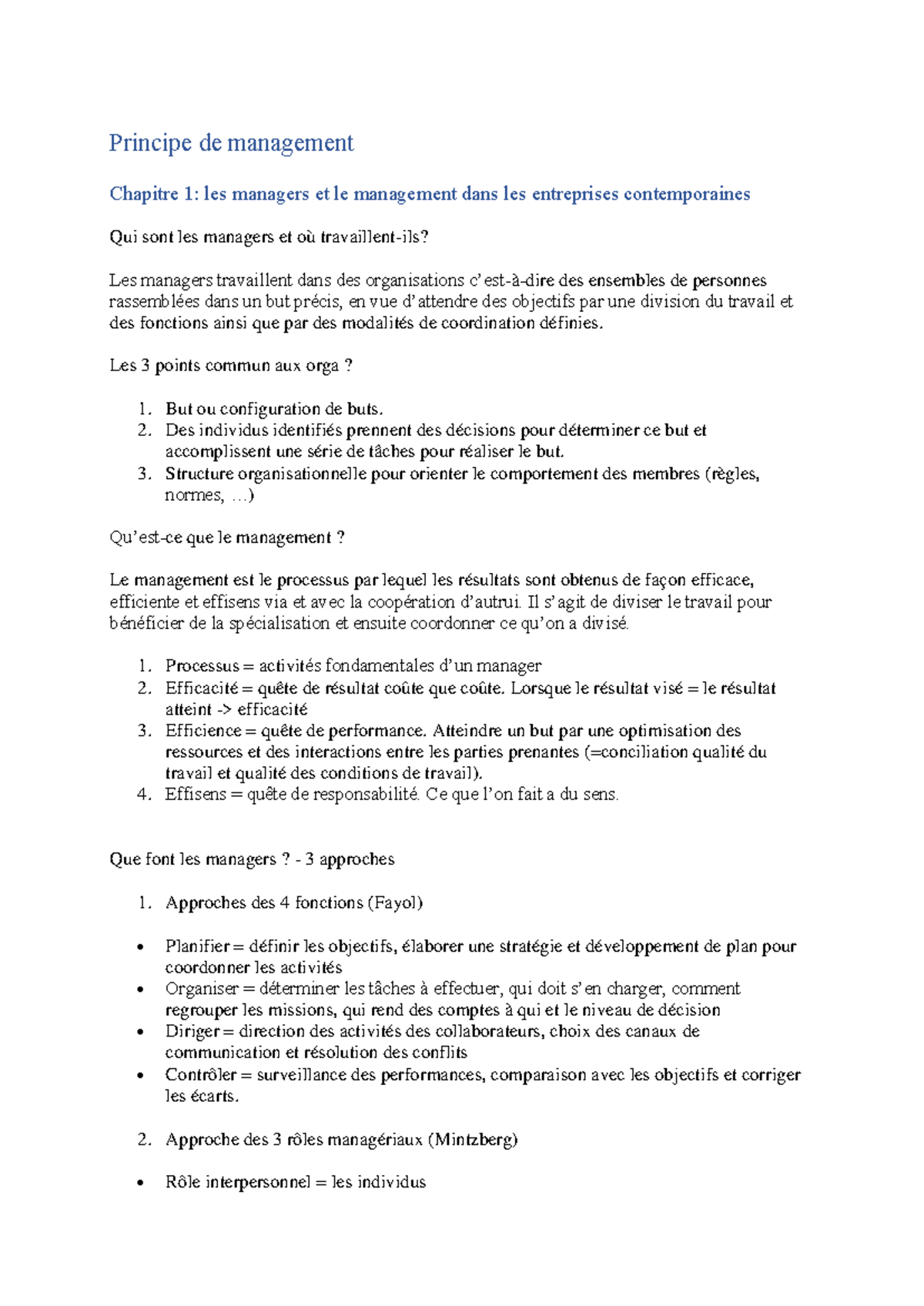 Principe DE Management SynthèSE - Principe de management Chapitre 1 ...