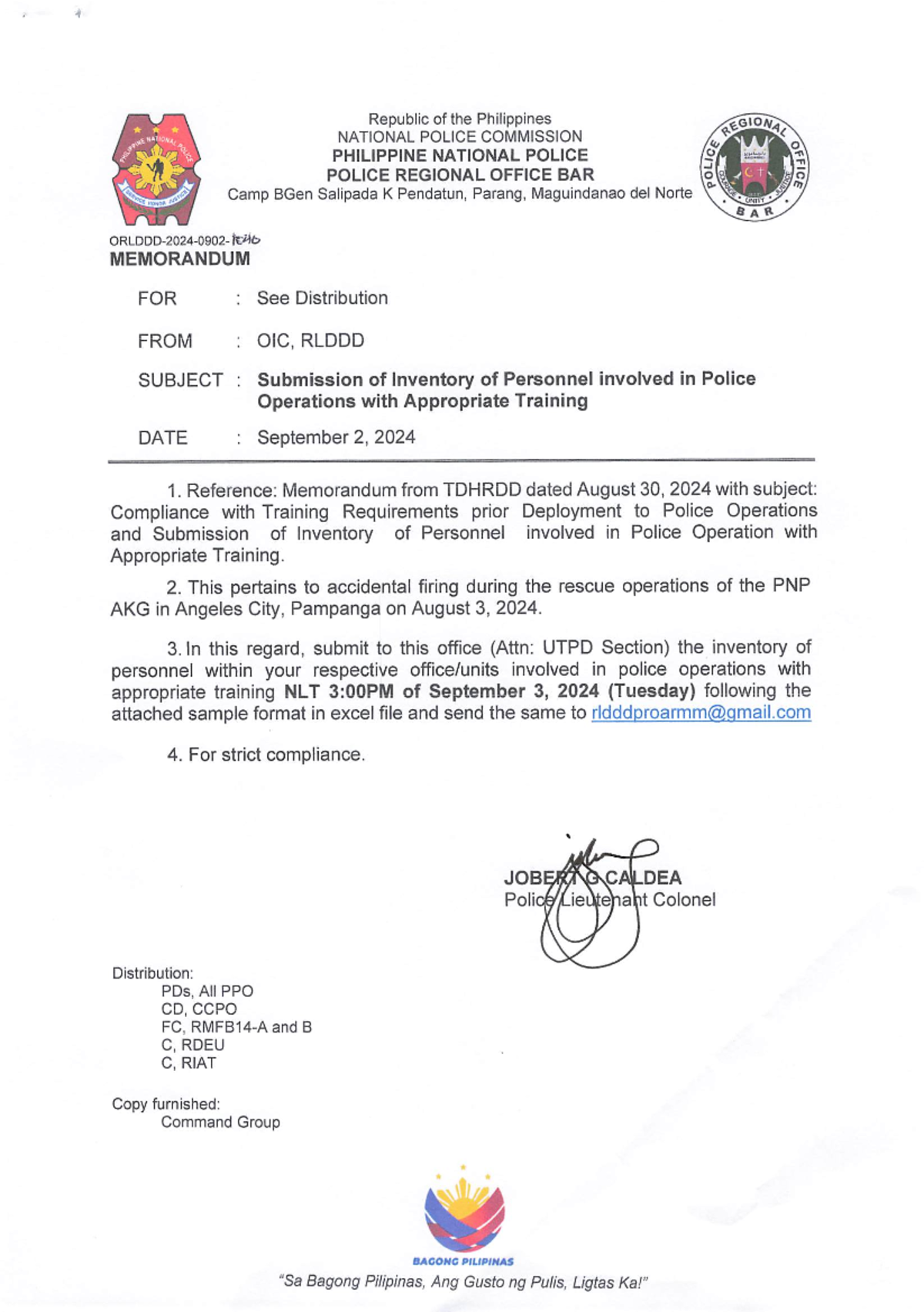 Submission of Inventory of Personnel involved in Police Operations with ...