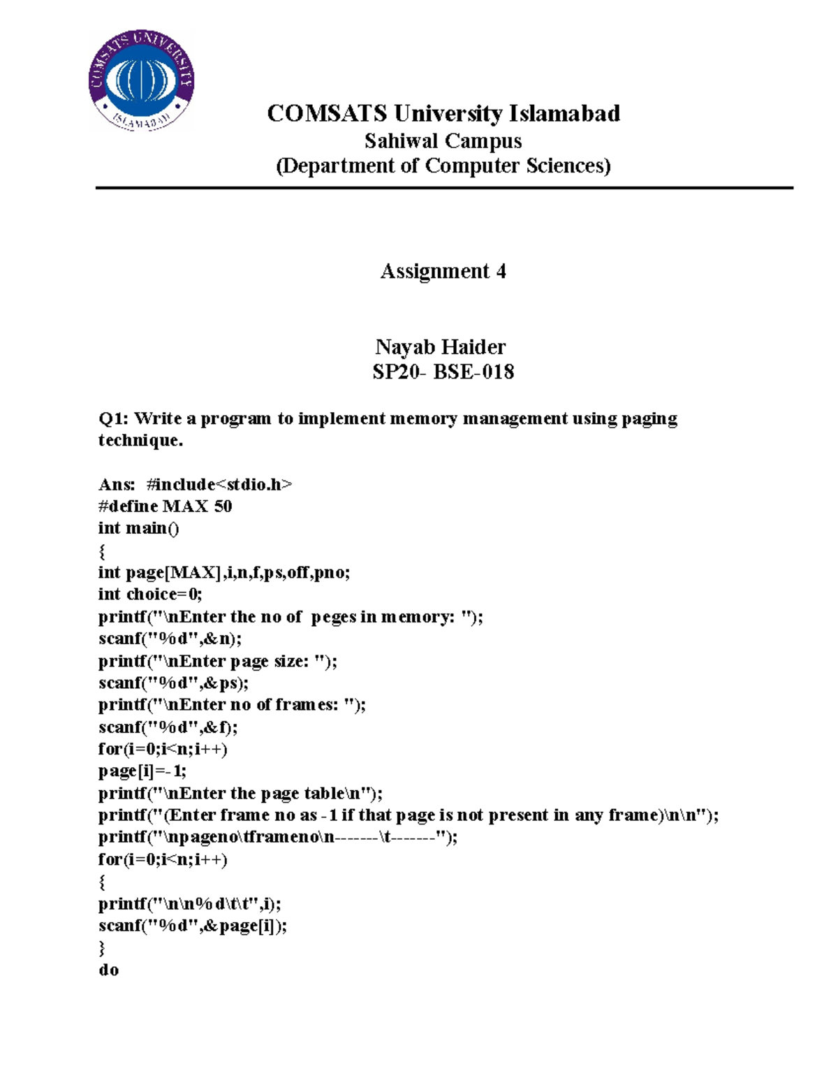 Lab assignment 4 SP20BSE018 - COMSATS University Islamabad Sahiwal ...