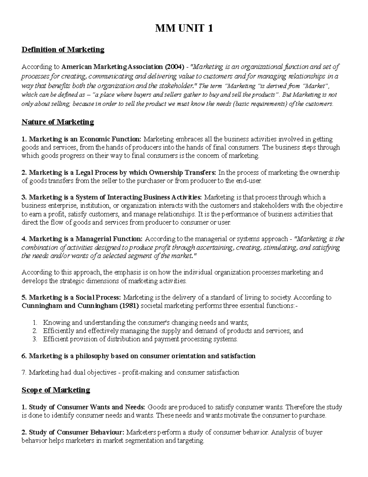 MM UNIT 1 Notes on nature scope definition of marketing, Marketing