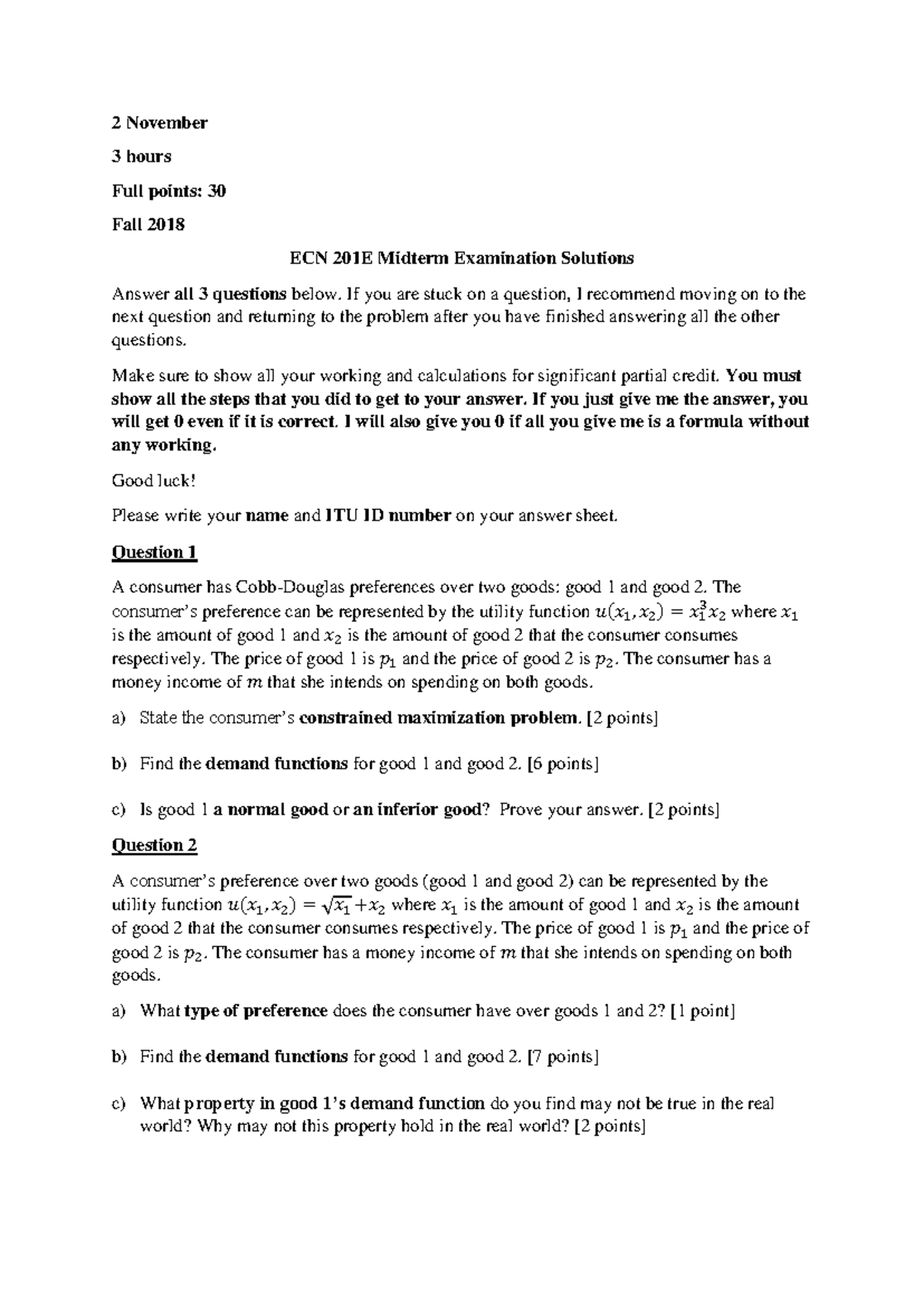 Midterm Exam Solutions Fall 2018 - 2 November 3 hours Full points: 30 ...