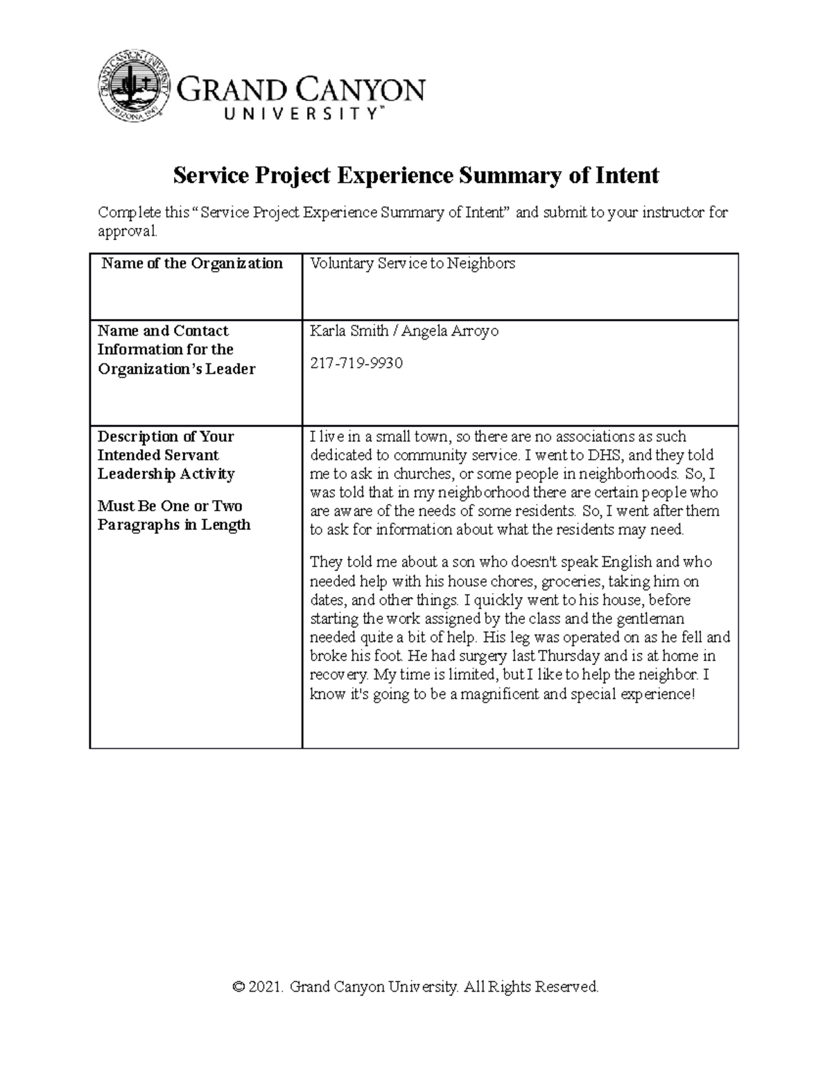 MGT410RSService Project Experience Summary of Intent Service Project Experience Summary of