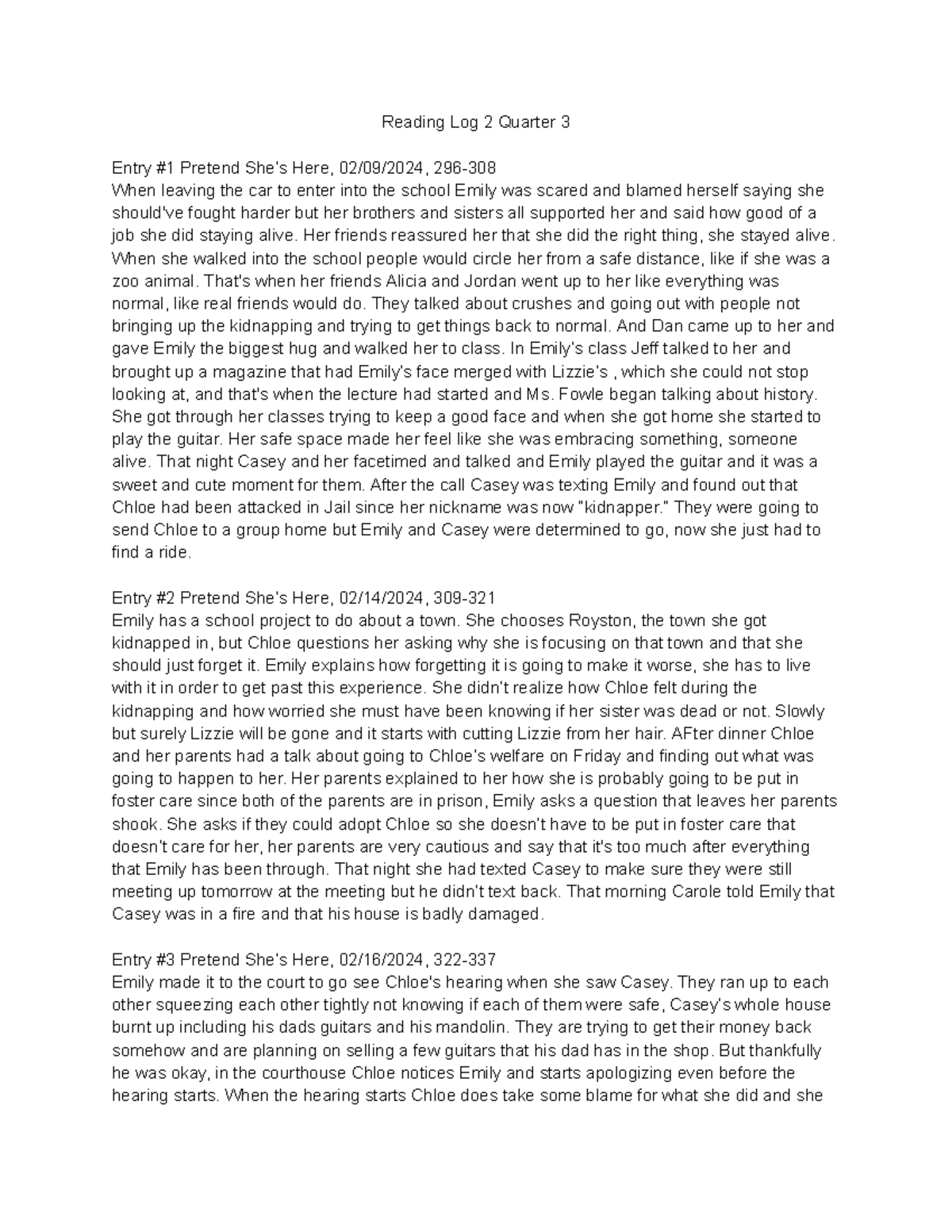 Honors English Reading Log Reading Log 2 Quarter 3 Entry 1 Pretend