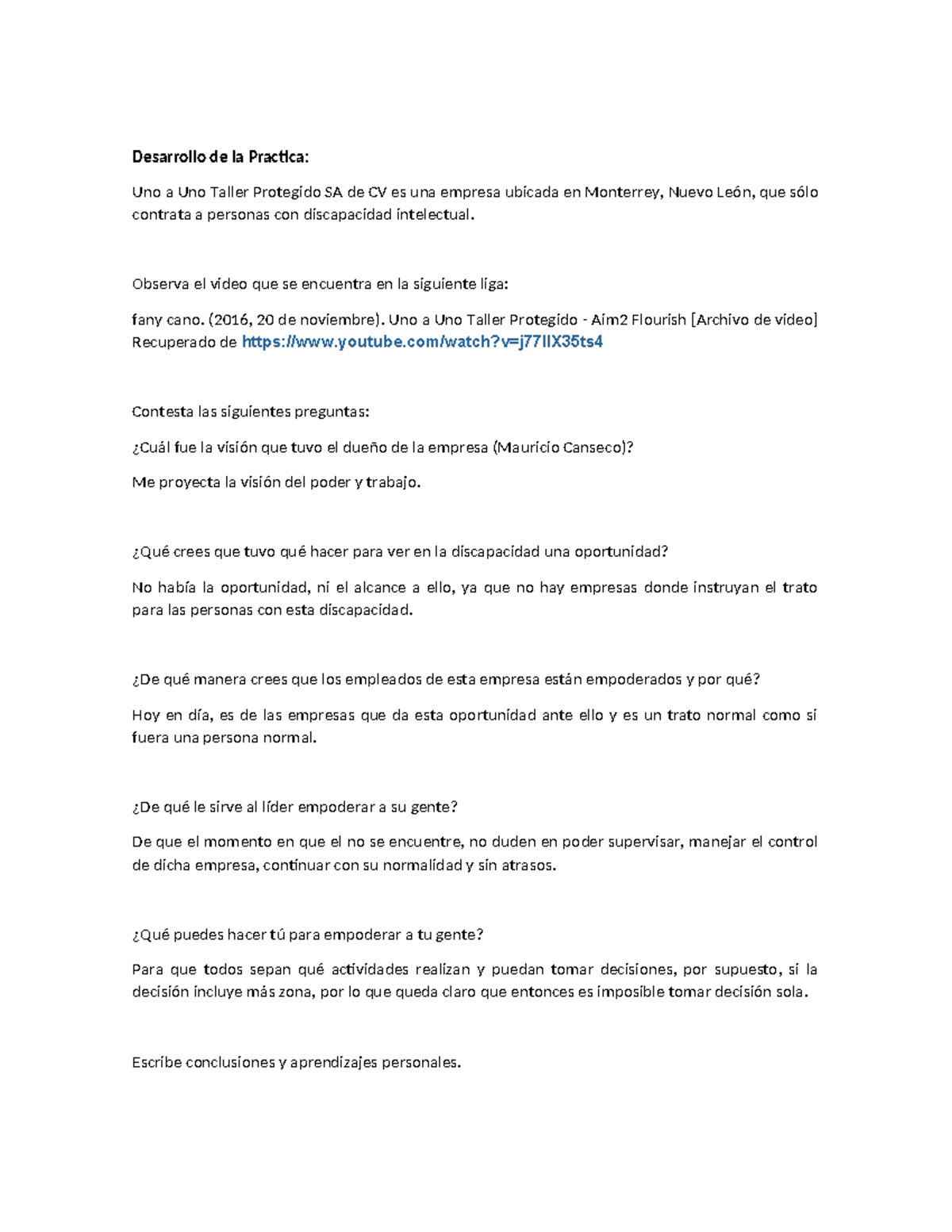 Actividad 13 - Desarrollo de la Practica: Uno a Uno Taller Protegido SA ...
