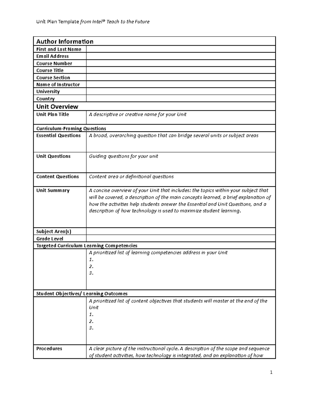 Unit Plan Template Word - Unit Plan Template from Intel® Teach to the ...