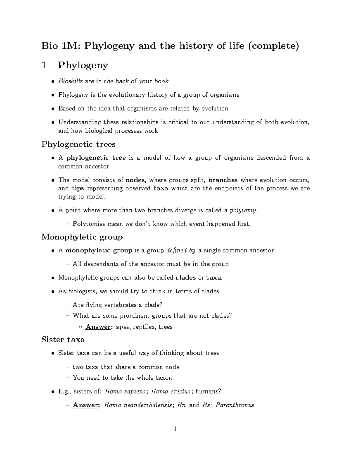 Phylogeny - Lecture notes 8 - Bio 1M: Phylogeny and the history of life ...