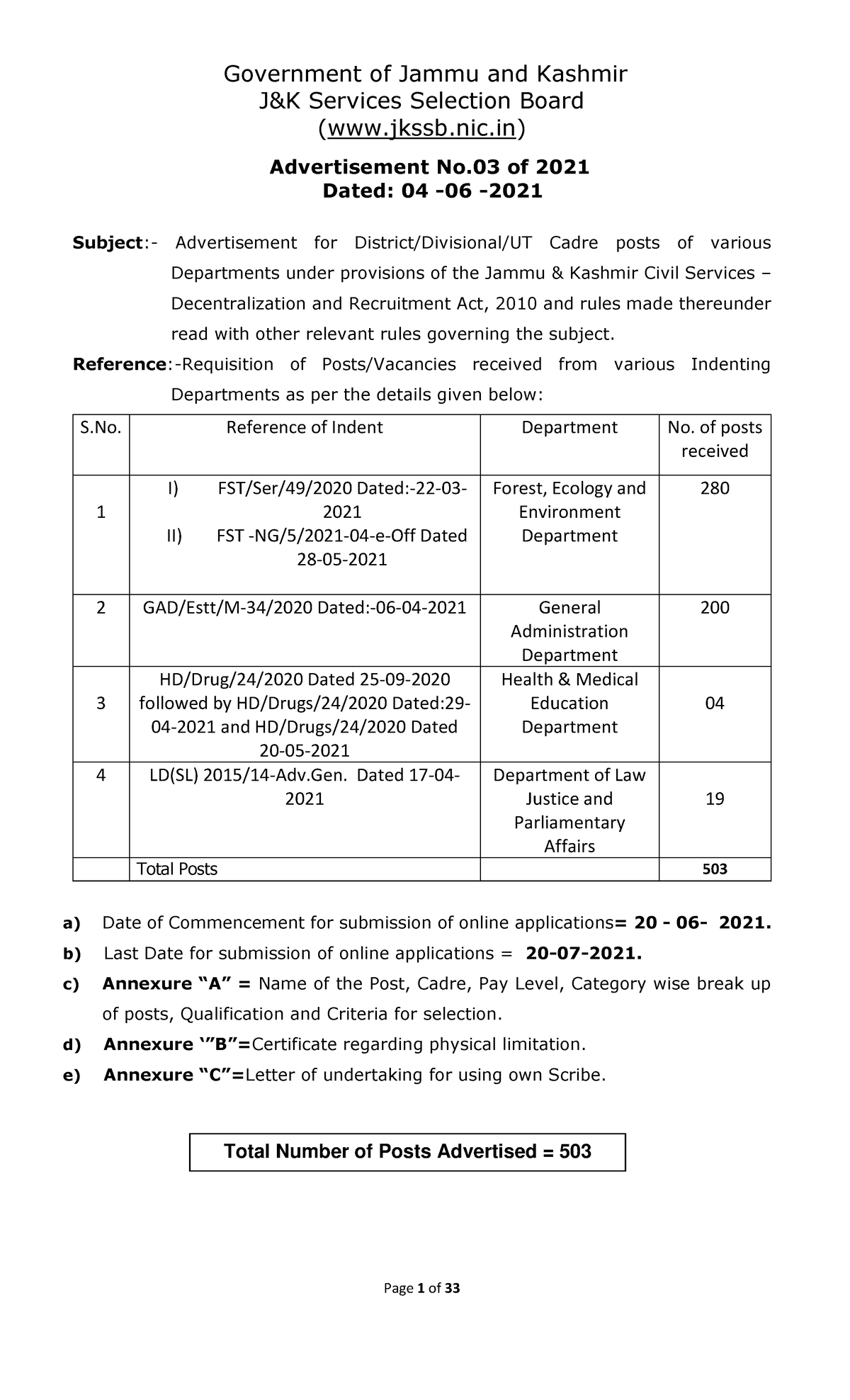 Advt 03 of 2021 04062021 Government of Jammu and Kashmir J&K Services