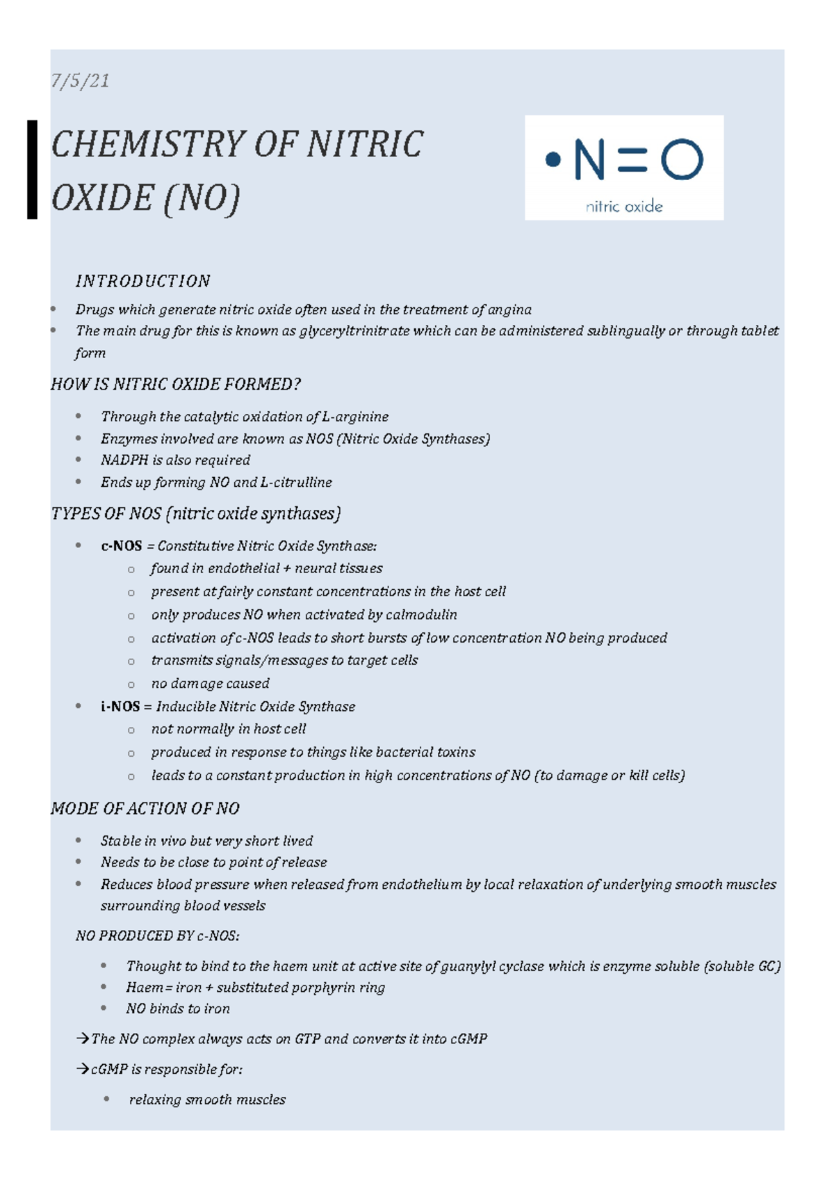 Nitric Oxide Lecture Dr Heift 7/5/ CHEMISTRY OF NITRIC OXIDE (NO