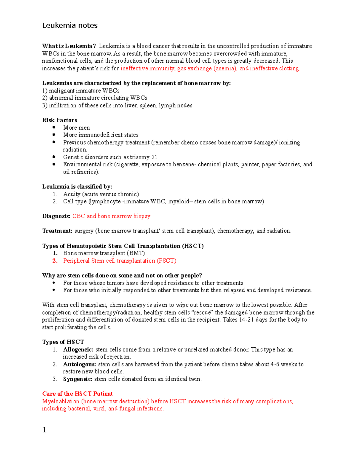 Leukemia notes - Leukemia notes What is Leukemia? Leukemia is a blood ...