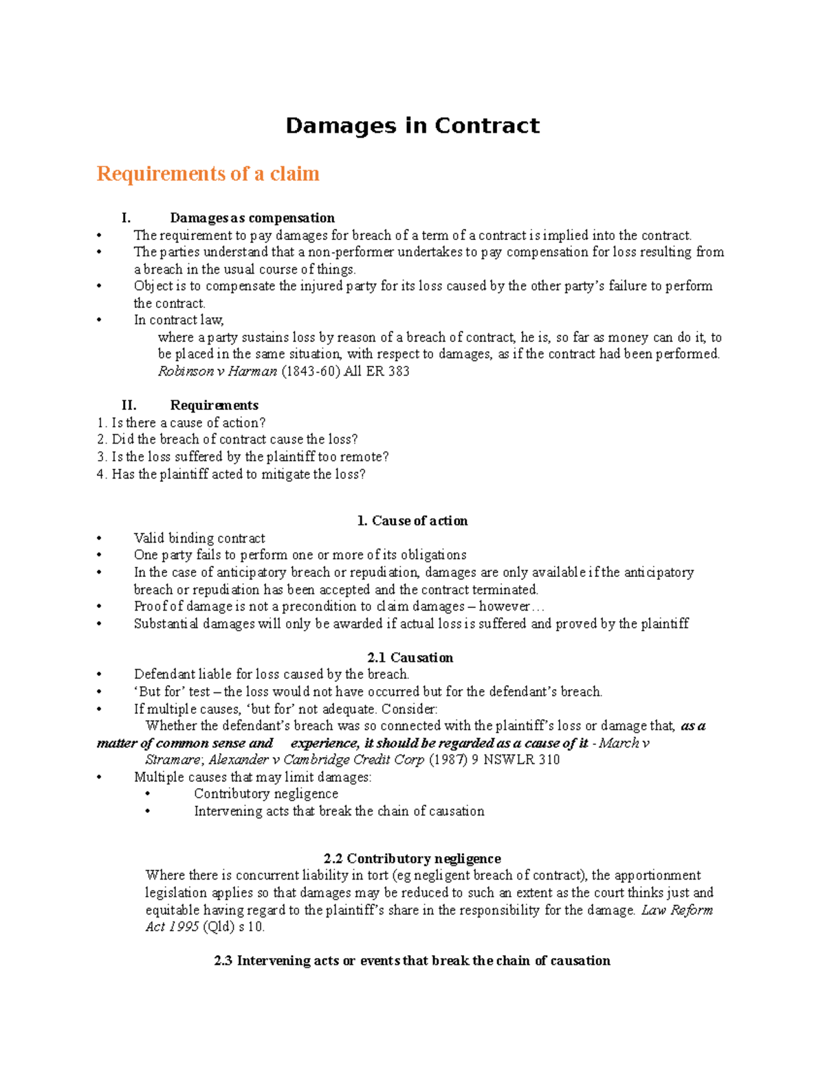 Tute 1-Damages in contract FIN5170 - Damages in Contract Requirements ...