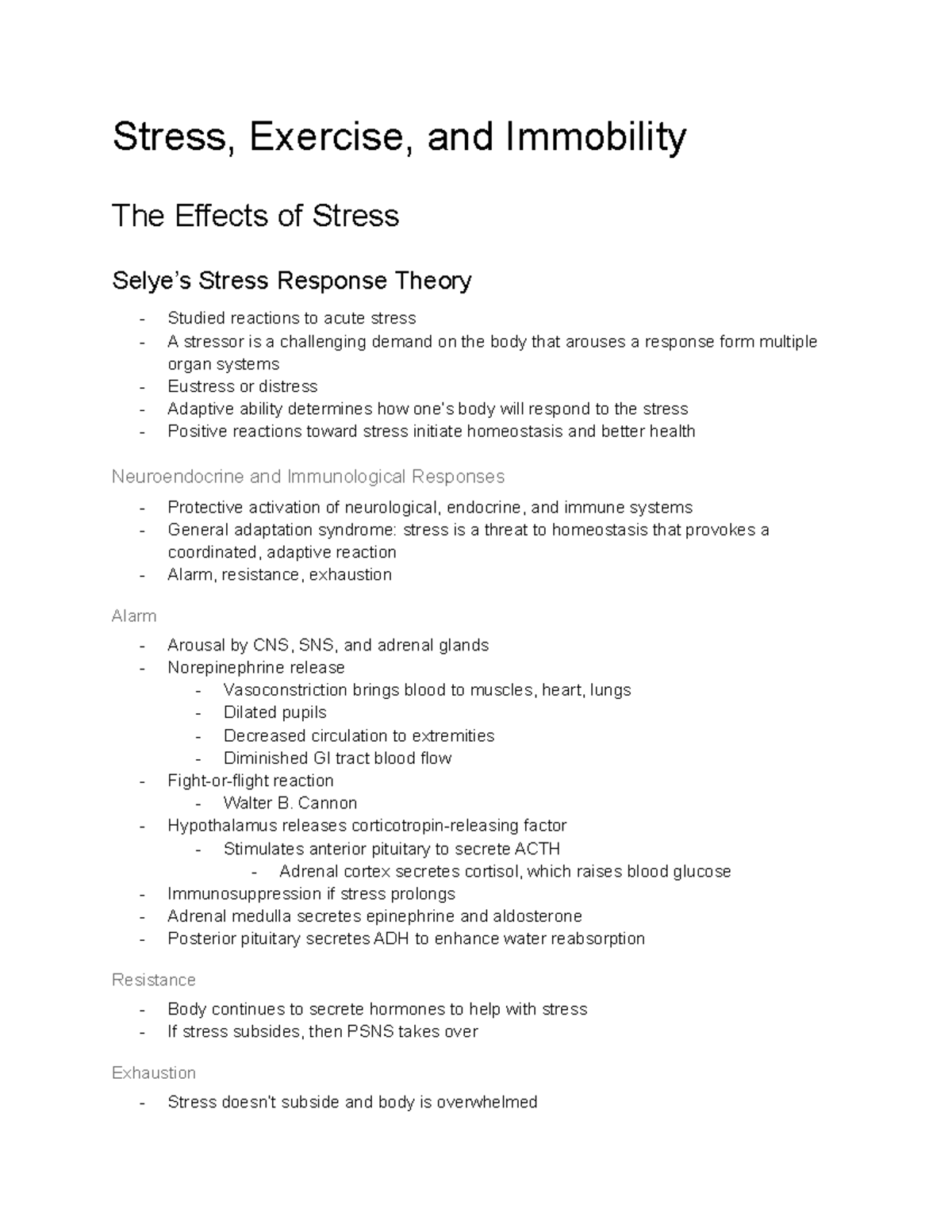 Pathophysiology Chapter 4 Notes - Stress, Exercise, And Immobility The ...