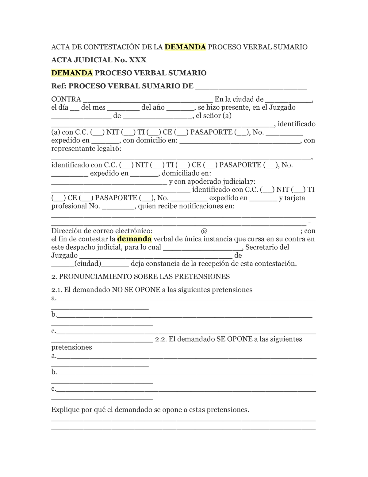 Contestación Demanda Proceso Verbal Acta De ContestaciÓn De La Demanda Proceso Verbal Sumario 5246