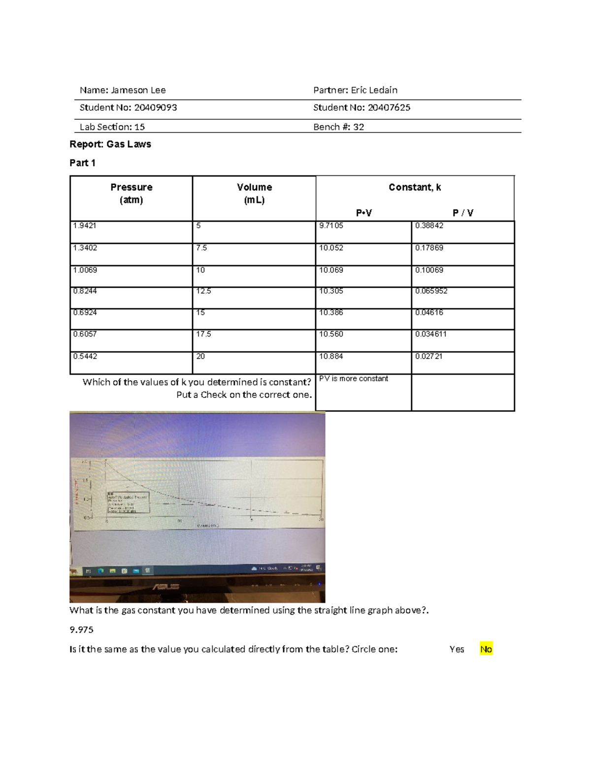 Gas Laws Lab Report Name Jameson Lee Partner Eric Ledain Student No