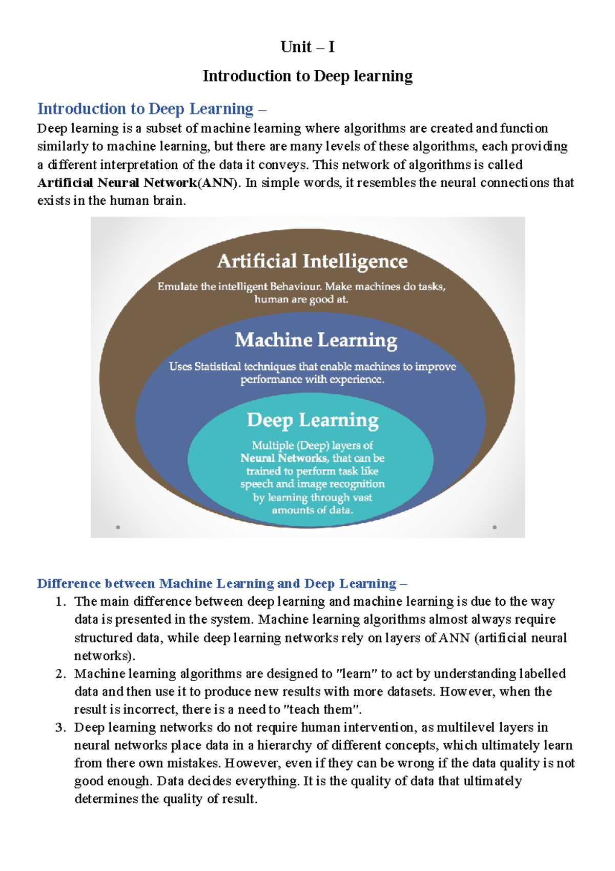 Deep Learning Notes - Unit – I Introduction to Deep learning ...