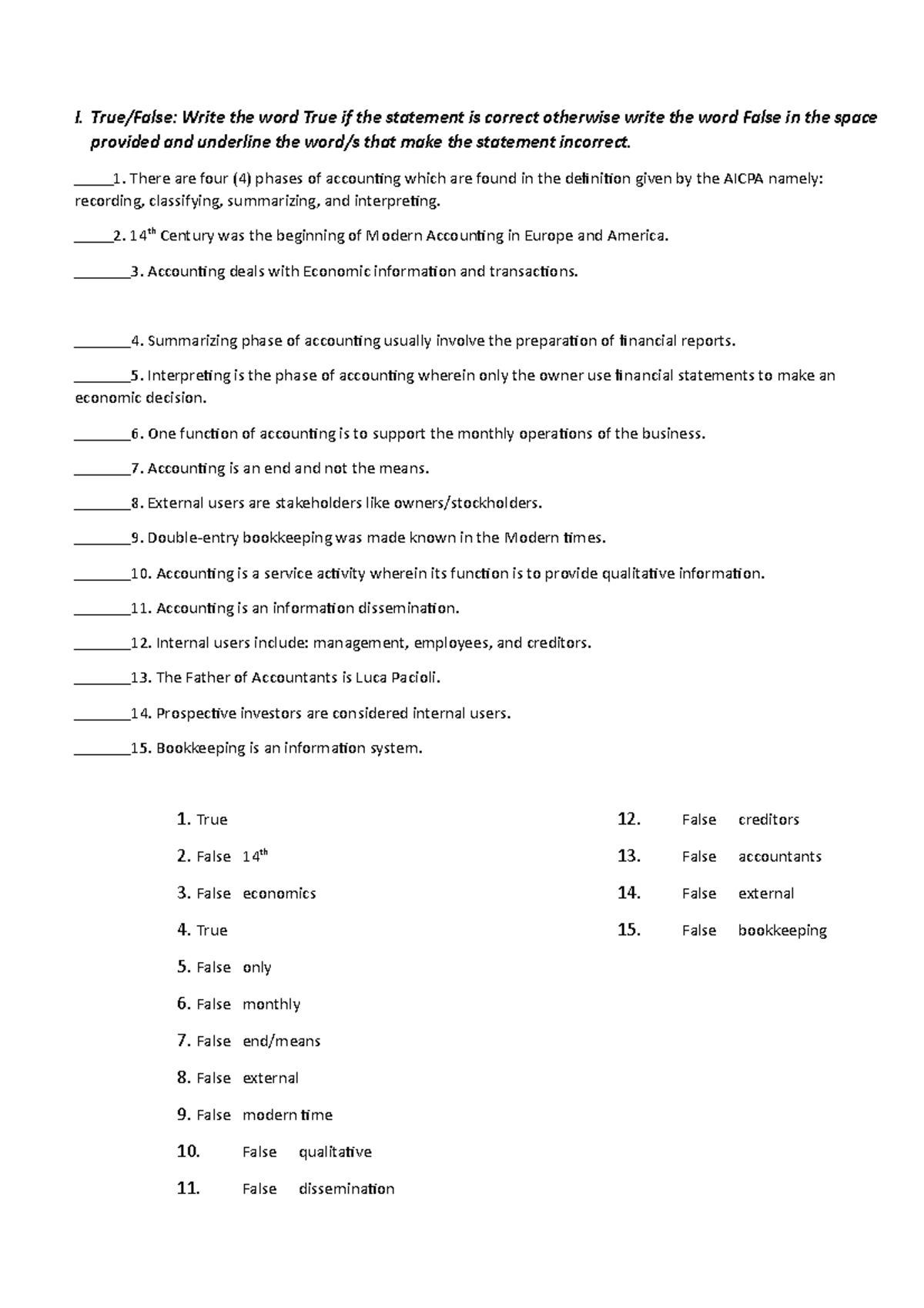 Accounting Worksheet - I. True/False: Write the word True if the ...