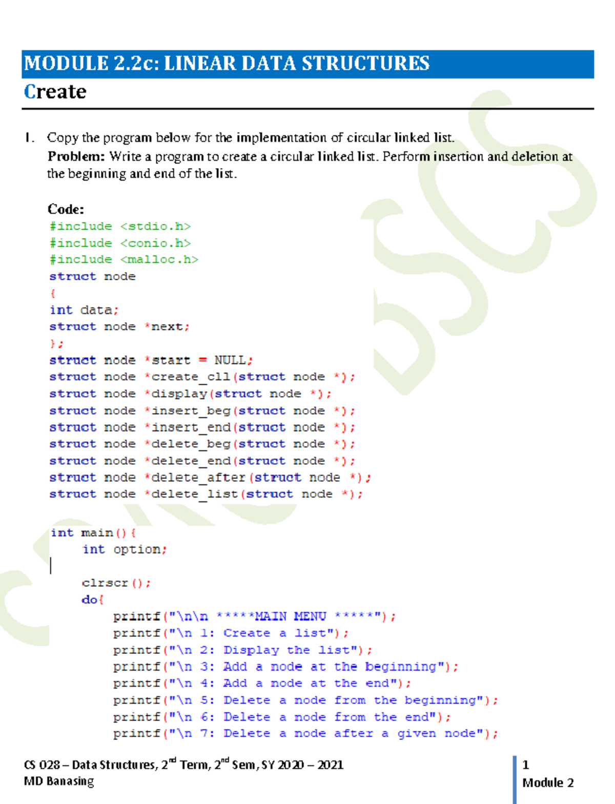 CS 028 Module 2.2c Create-1 - CS 028 – Data Structures, 2nd Term, 2nd ...