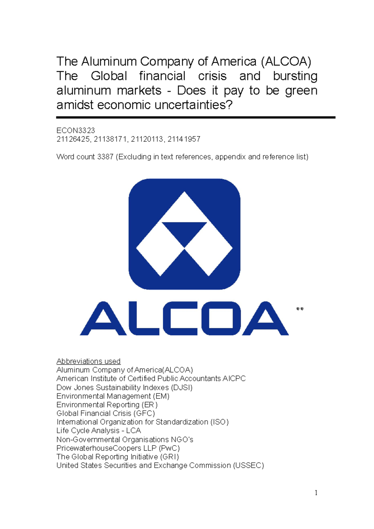 Seminar assignments - er report - The Aluminum Company of America ...