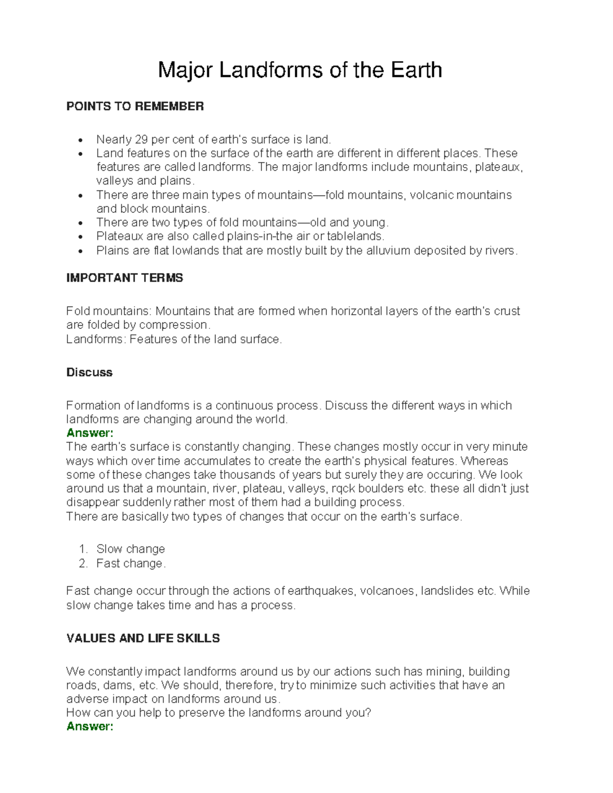 Major Landforms of the Earth ncertbooksolutions POINTS TO REMEMBER
