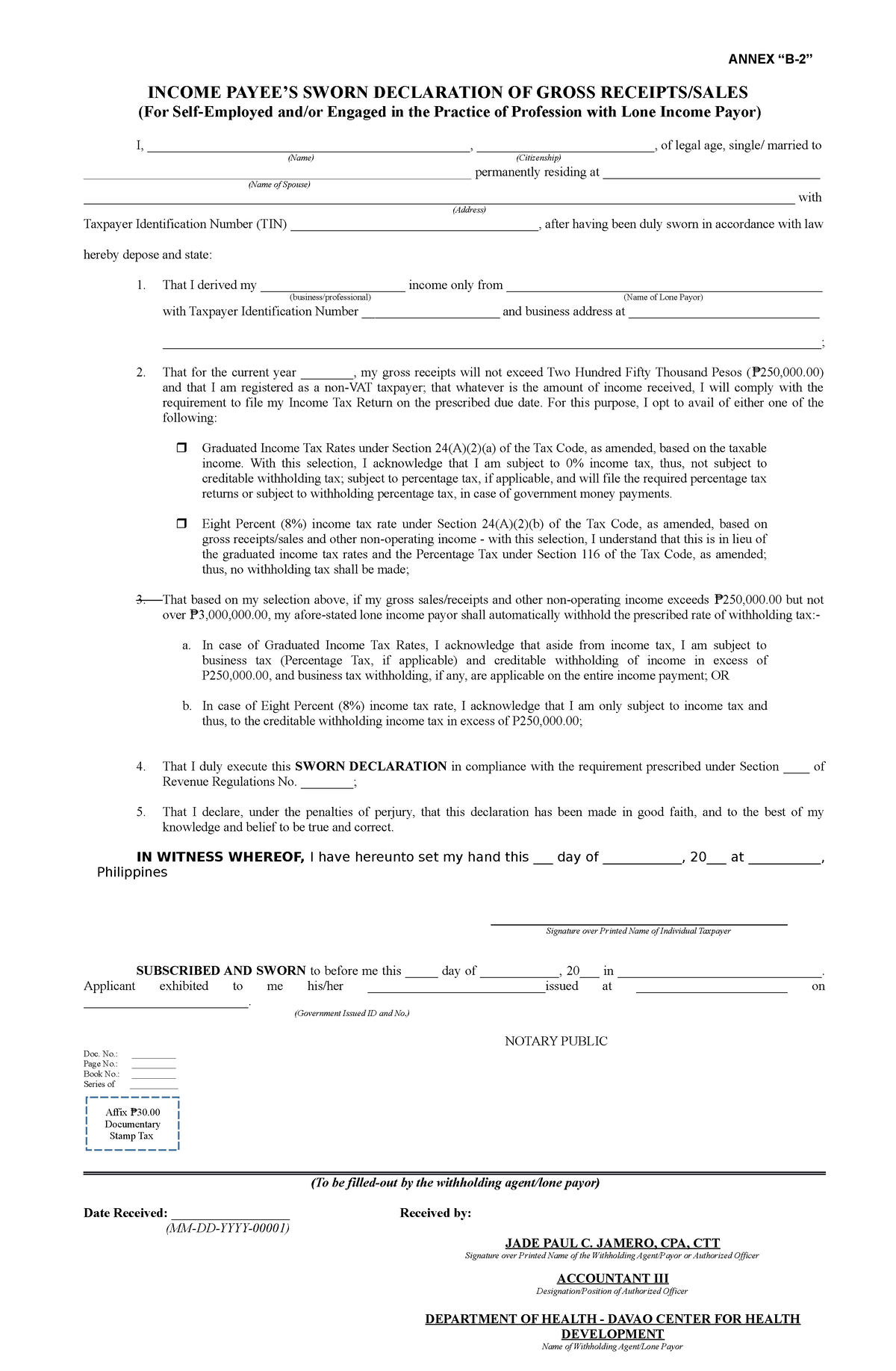 Annex B 2 RR 11 2018 - ANNEX “B-2” INCOME PAYEE’S SWORN DECLARATION OF ...