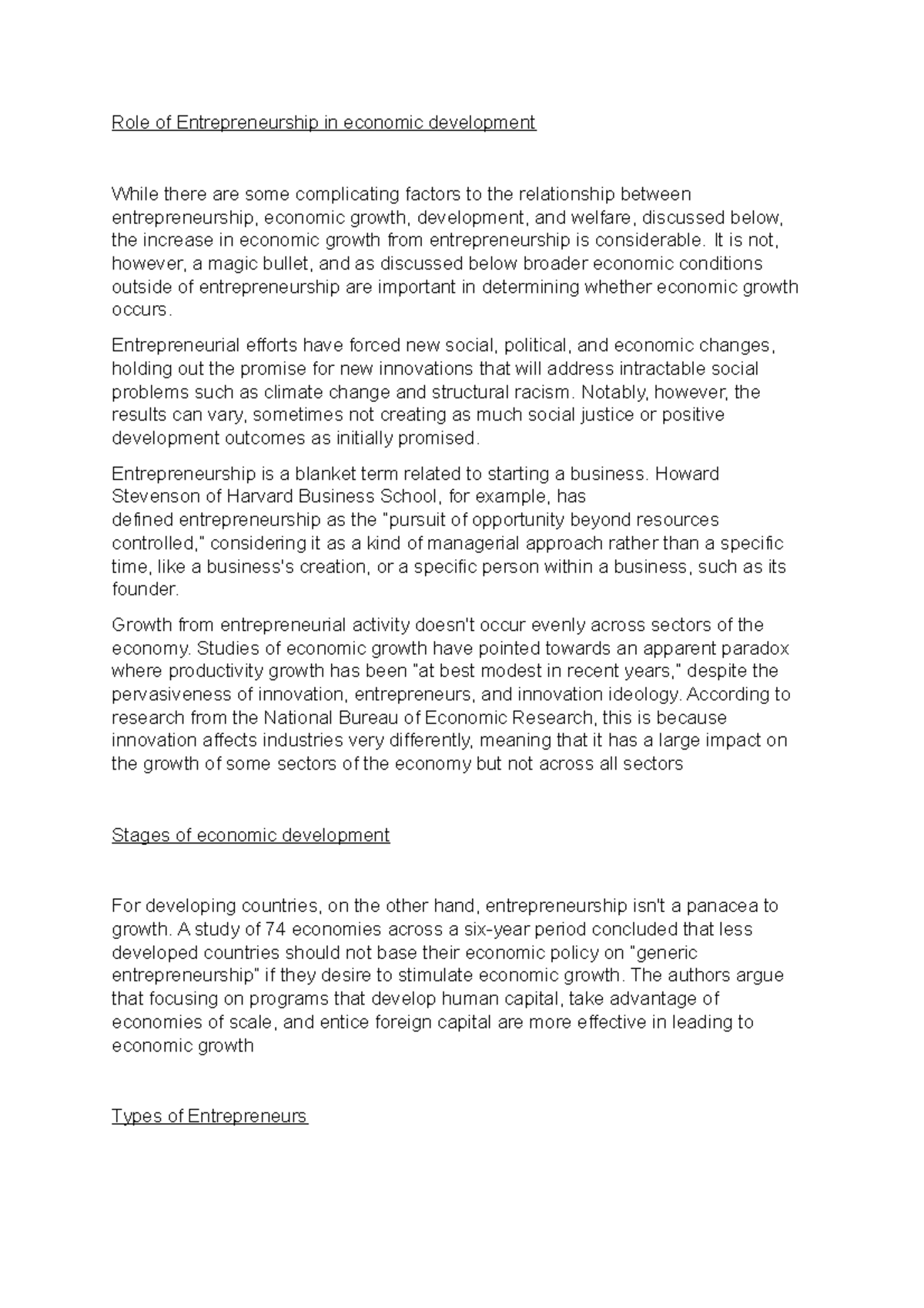 Role of Entrepreneurship in economic development - It is not, however ...