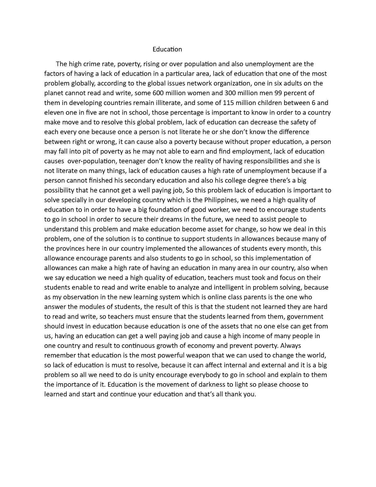 lack of education essay introduction