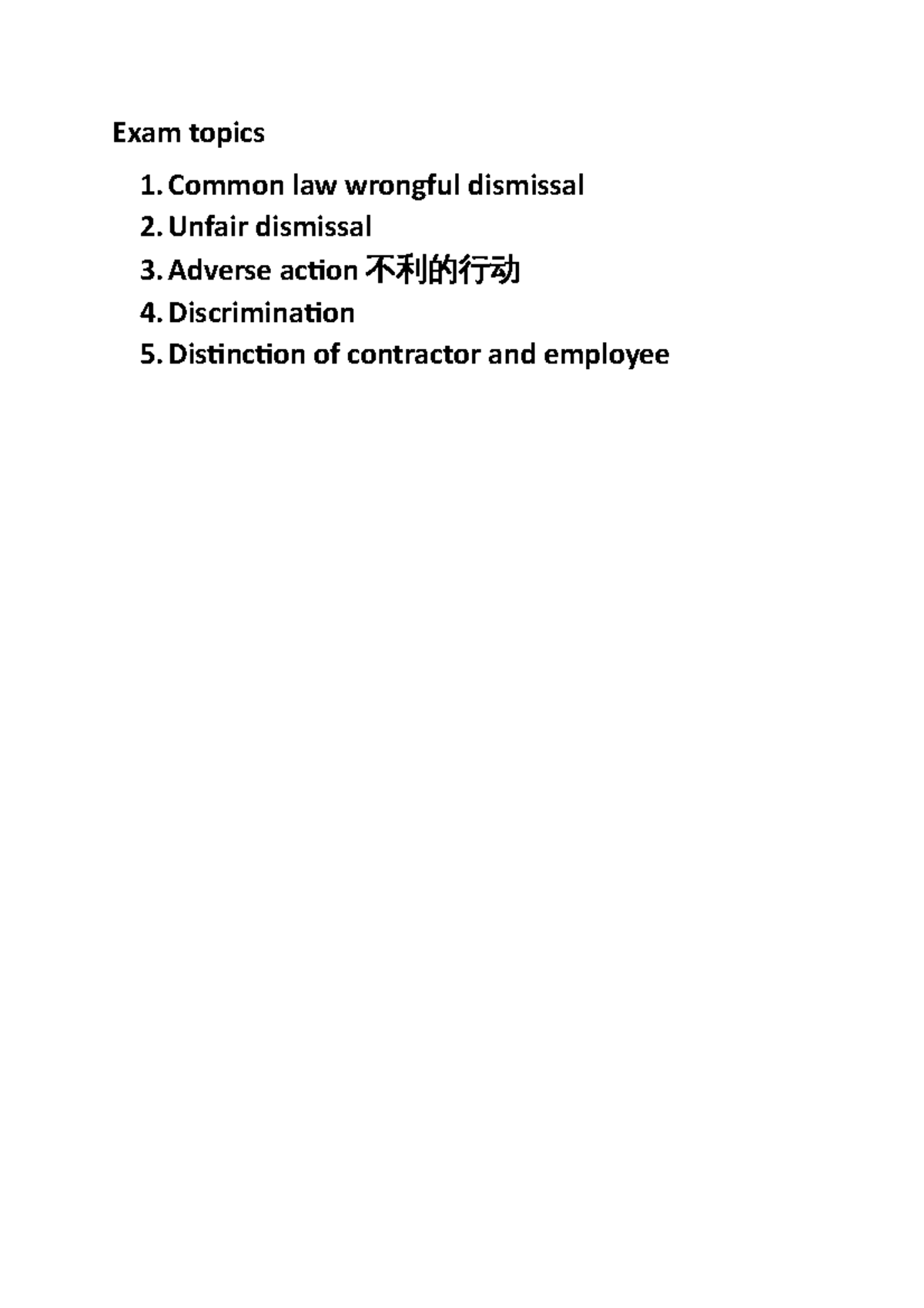 Labour law note - Exam topics 1. Common law wrongful dismissal 2 ...