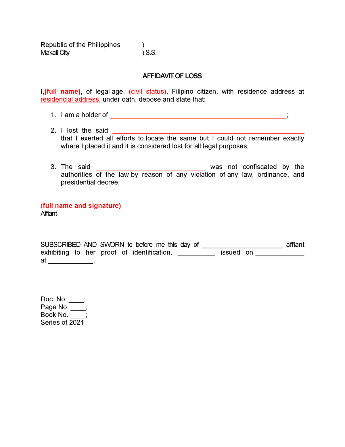 Affidavit Of Loss Template Republic Of The Philippines Makati City S Affidavit Of Loss I 3396