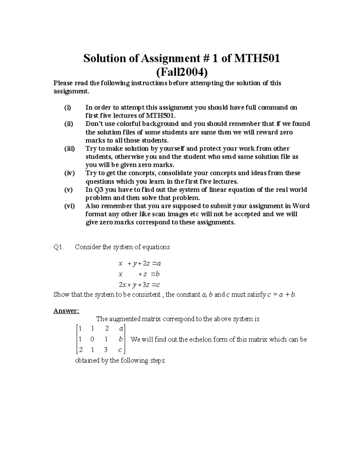 Linear Algebra Mth501 Fall 2004 Assignment 01 Solution Solution Of Linear Algebra Mth501 Fall 2004 Assignment 01 Solution Solution Of