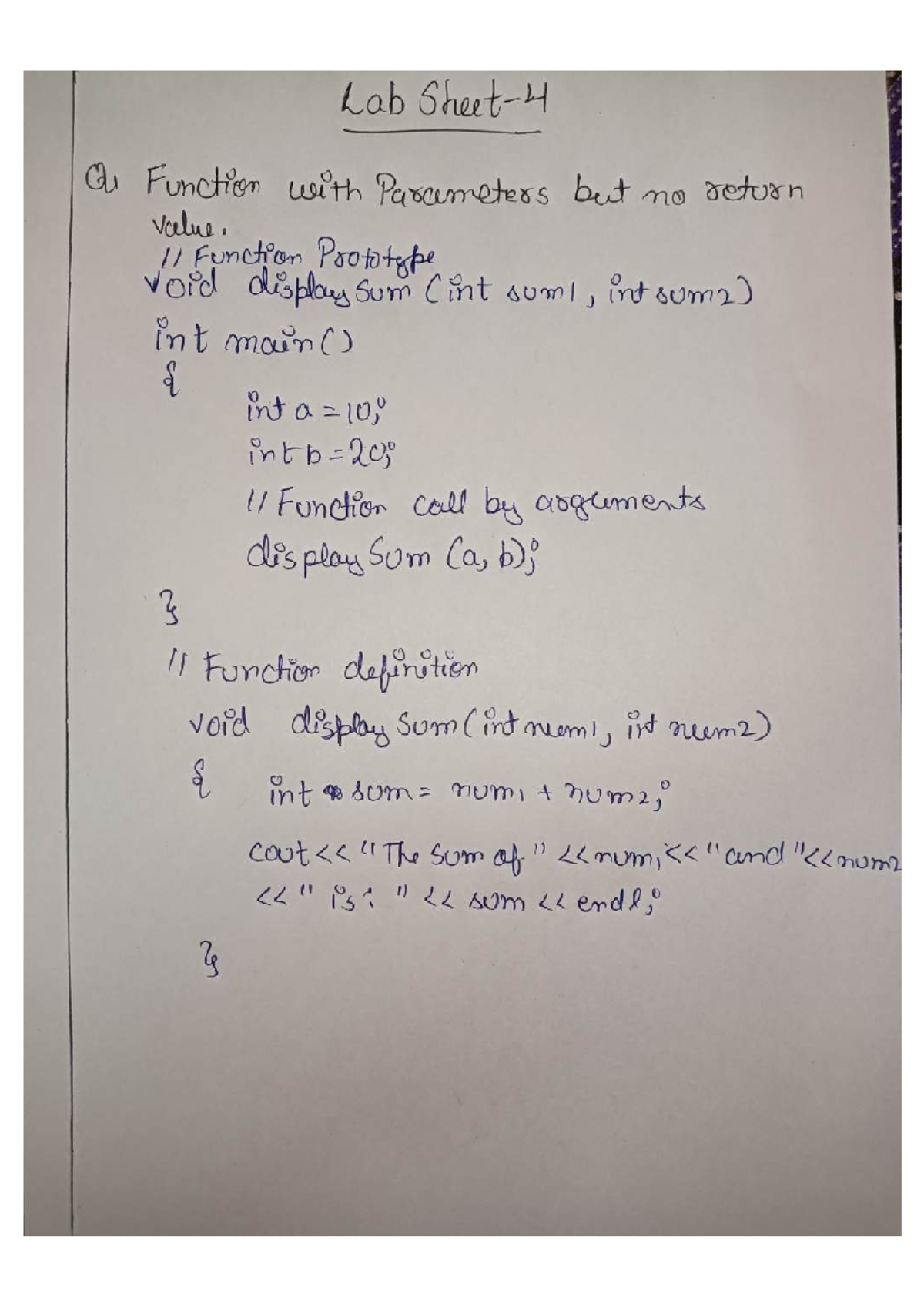 Labsheet 4 - Lab Qu Function with Parameters but no return value. 11 ...