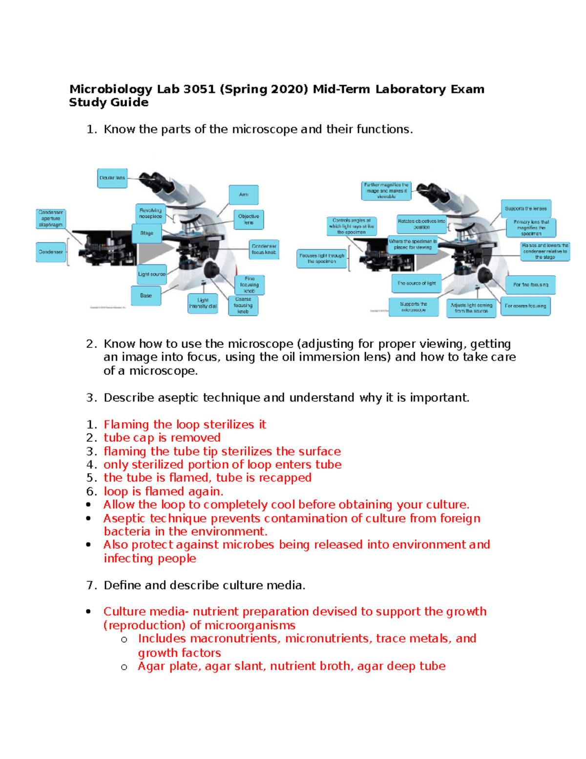 Micro lab midterm study guide Microbiology Lab 3051 (Spring 2020) MidTerm Laboratory Exam