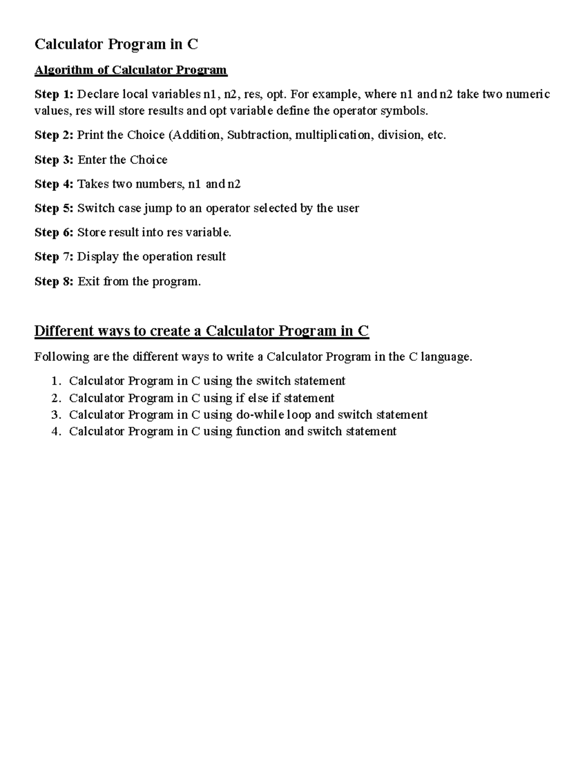 Calculator Program in C - Calculator Program in C Algorithm of ...