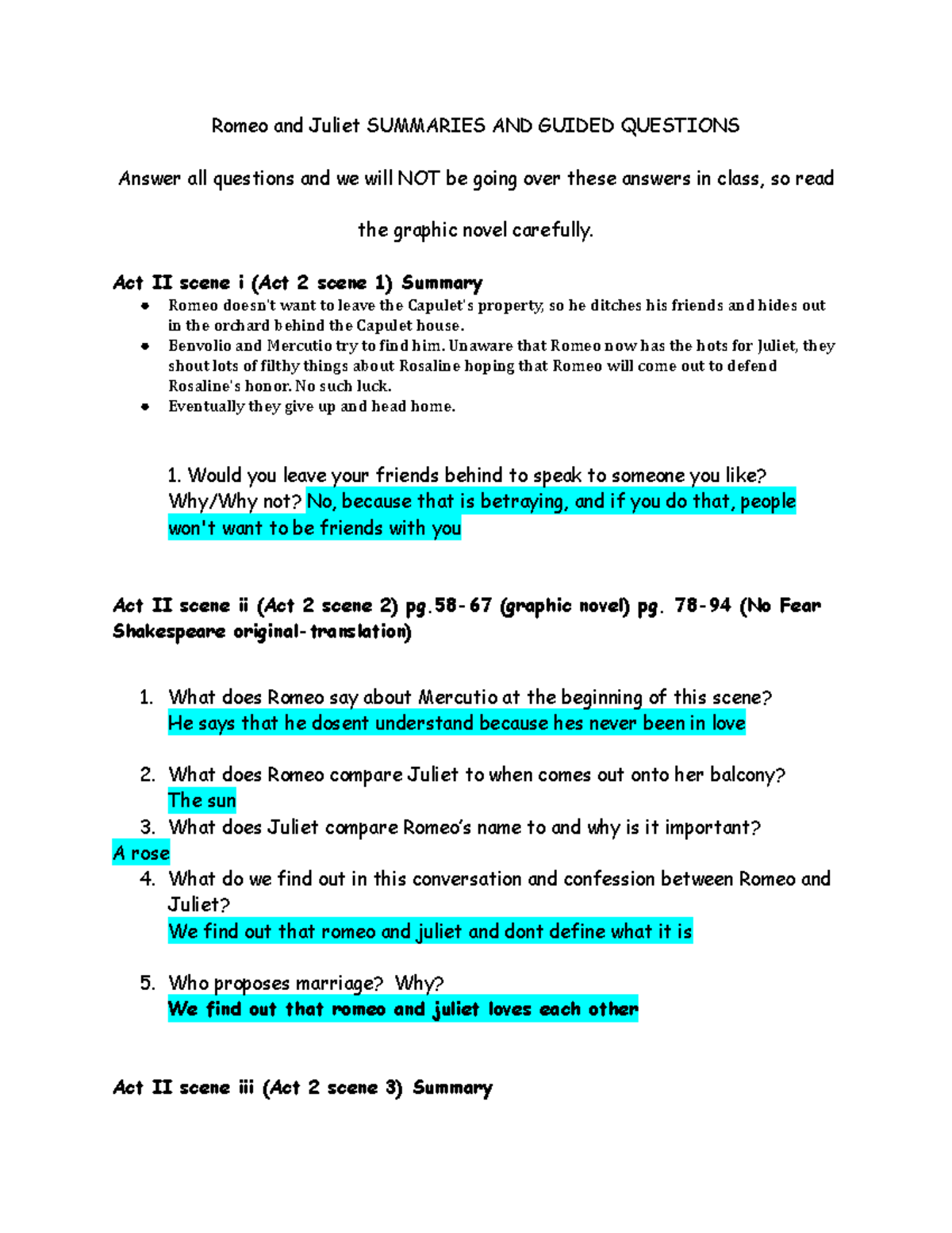 Act II scenes ivi Summaries and Guided Questions Template Romeo and